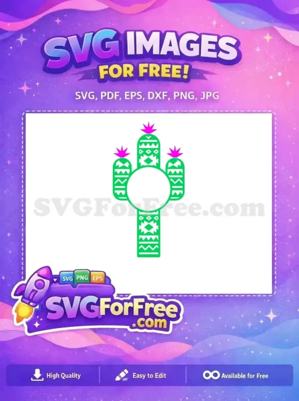 Free vibrant green Aztec-patterned cactus SVG with pink accents and a central cutout. A fantastic free digital design!