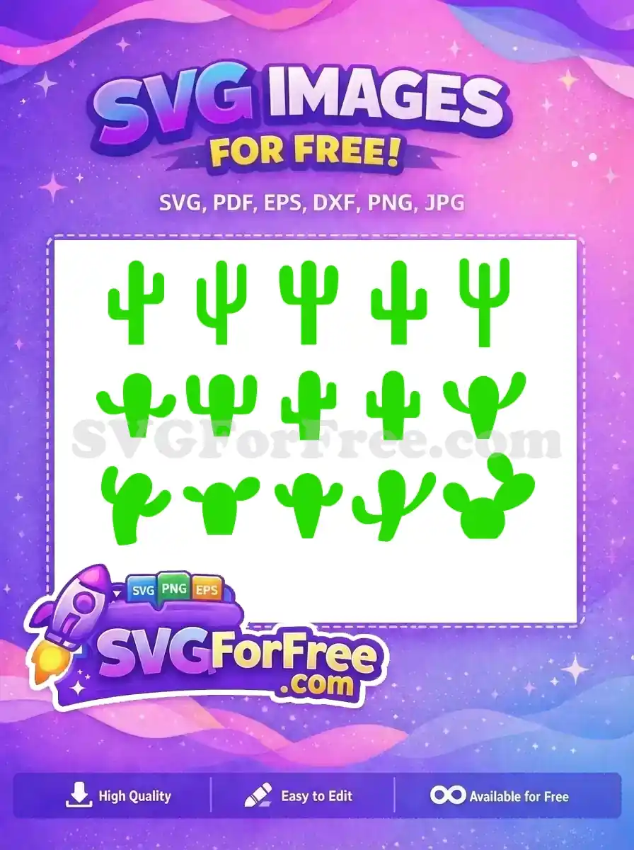A vibrant collection of 15 free green cactus SVG icons, showcasing diverse desert plant designs for your projects. Free download available.