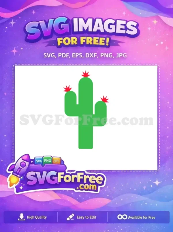 A vibrant green saguaro cactus with three red spiky flowers, a beautiful free design for your creative projects. Download this free SVG now!