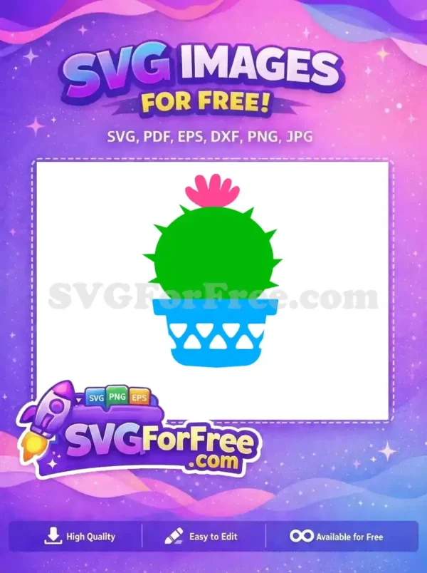 A free design featuring a cheerful green cactus with a pink flower in a blue pot, perfect for numerous creative projects.