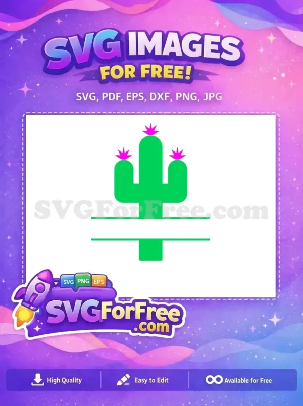 Free Cactus Monogram SVG – Personalized Desert Design Free A free SVG of a vibrant green cactus with three bright pink blooms and a split for personalization. Free for all your creative projects.
