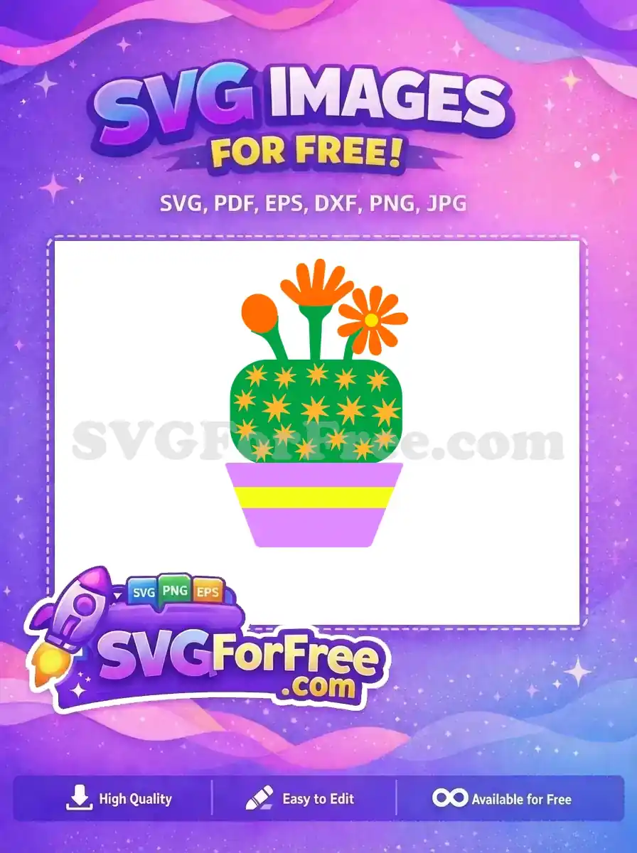 A free, colorful cartoon cactus in a striped pot, featuring orange flowers and star-like spines, perfect for free crafting projects.
