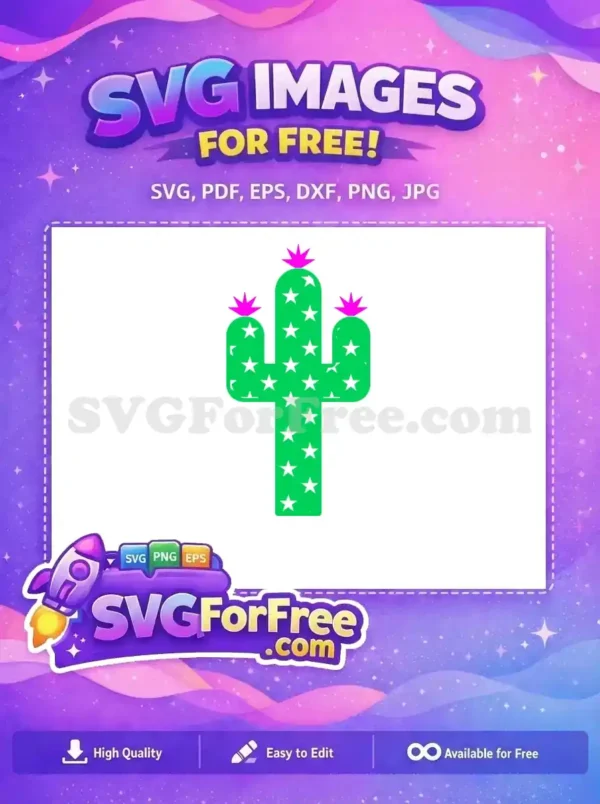 Free Starry Cactus SVG – Fun Desert Design for Free A free, stylized green cactus with white stars and bright pink flowers, offering a cheerful desert vibe. This free design is ideal for various creative projects.