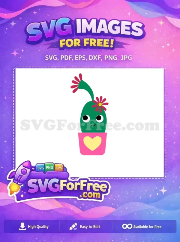 A vibrant, free design of a happy green cactus with pink flowers in a heart-decorated pot, perfect for joyful projects. This free graphic is truly charming.