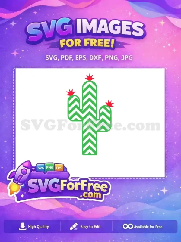 Free Chevron Cactus SVG – Desert Charm Design Available Now A free SVG of a stylized green cactus featuring white chevron patterns and three vibrant red flowers, a charming desert design.