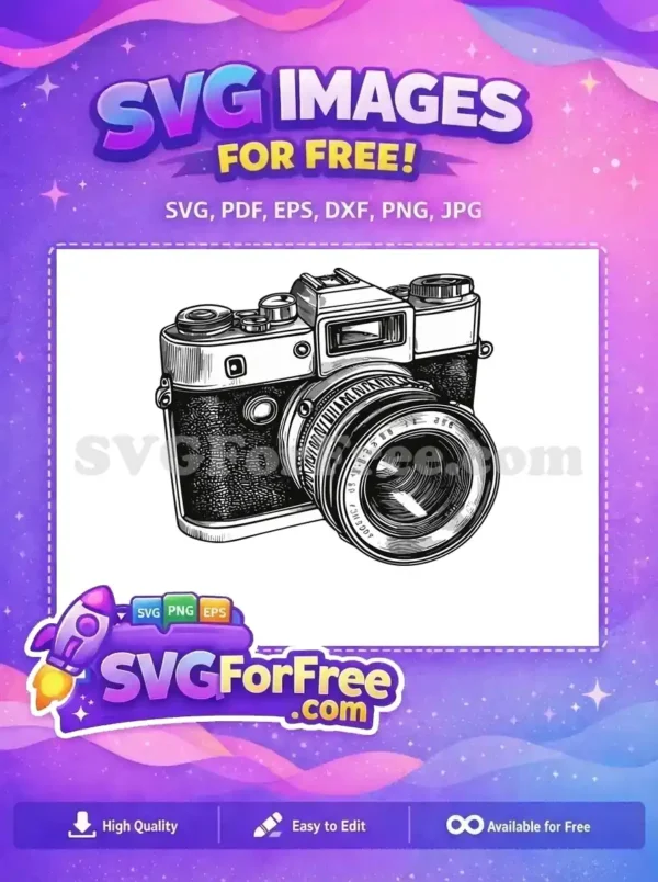 A free vintage camera SVG, black and white, showcasing intricate details of a classic film photography design.
