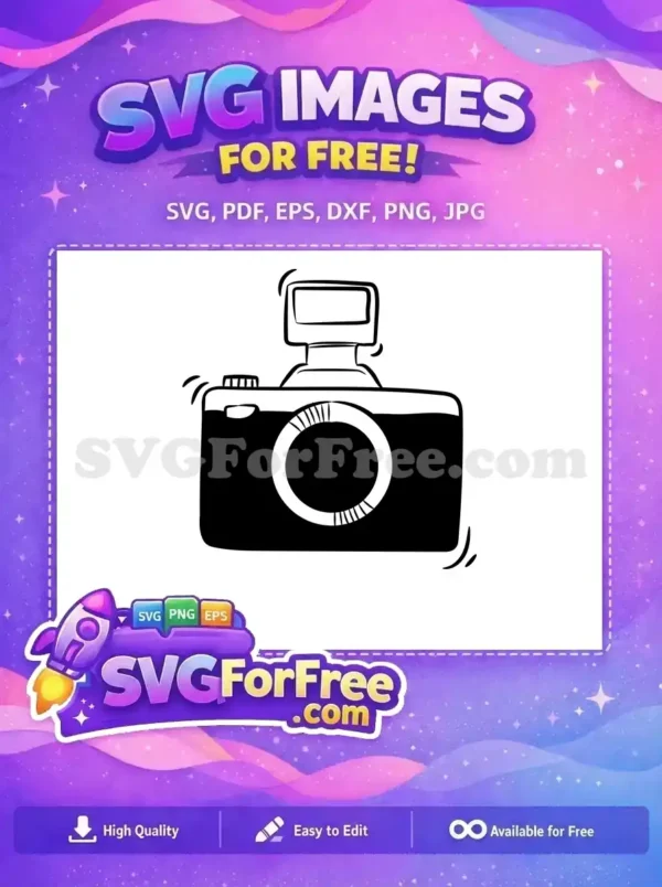 Free Doodle Camera SVG Design – Capture Moments Artistically A stylish, free hand-drawn camera SVG design, featuring a classic camera with an attached flash unit. Perfect for digital artists.