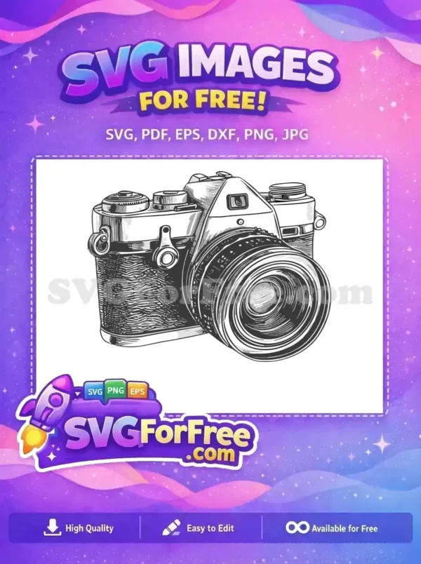 A detailed free illustration of a vintage SLR camera, showcasing its classic design and intricate components. This free design is perfect for retro-themed projects.
