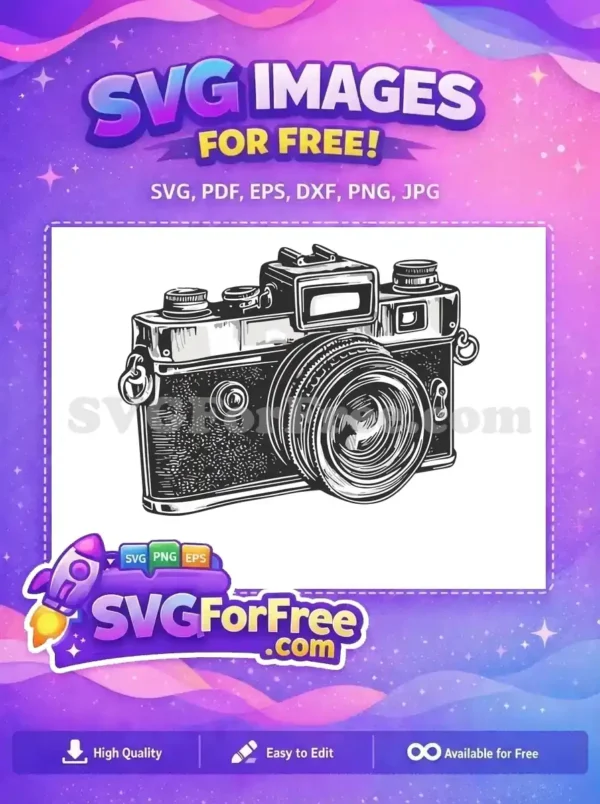 A detailed black and white illustration of a classic vintage camera, a free design for all your creative projects.