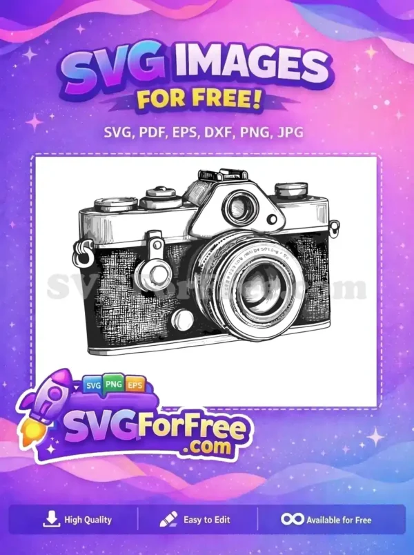 A free vintage camera SVG illustration in black and white, showcasing intricate details. Perfect for retro-themed projects.