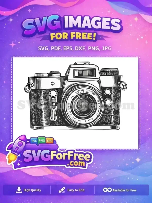 Free detailed vintage camera SVG, a classic black and white illustration of an old film camera. Download this free graphic design.