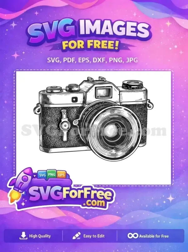 A free vintage camera SVG, detailed in grayscale, showcasing classic photography equipment for your creative projects.