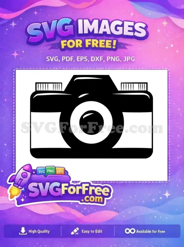 A free, minimalist black and white camera icon, showcasing a prominent lens, ideal for creative digital projects.