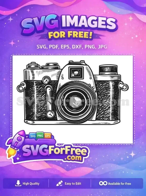 A free vintage camera SVG design, showcasing intricate details in a classic black and white style. Ideal for free retro projects.