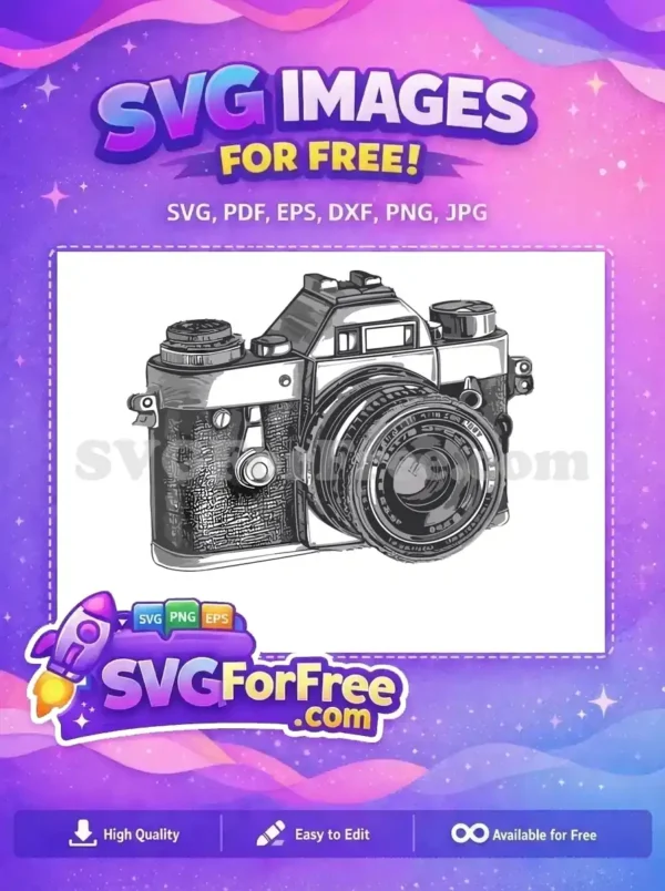 A detailed free SVG illustration of a vintage film camera, showcasing its classic design and intricate lens. Perfect free vector for retro projects.