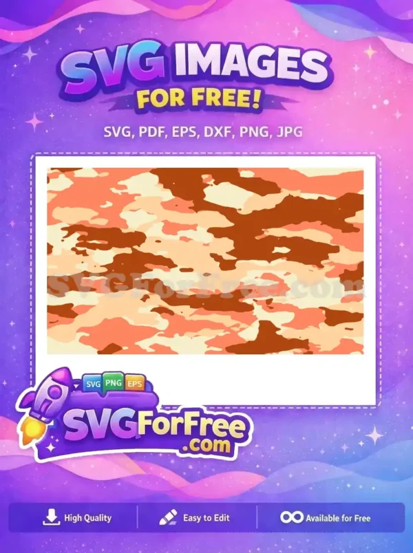 Free Desert Camo SVG Design – Download this Abstract Free Pattern A vibrant, free desert camouflage pattern featuring abstract shapes in brown, orange, and cream, ideal for various free design projects.