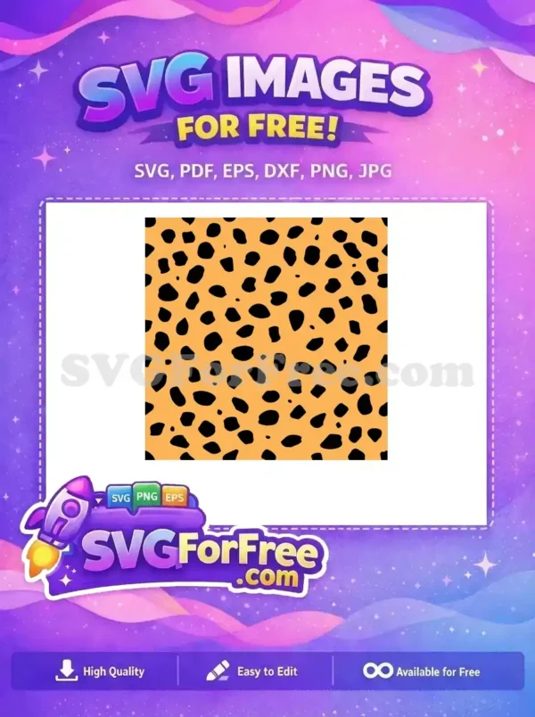 A free, seamless cheetah print SVG pattern featuring irregular black spots on a vibrant orange background. Download this free animal skin design now!