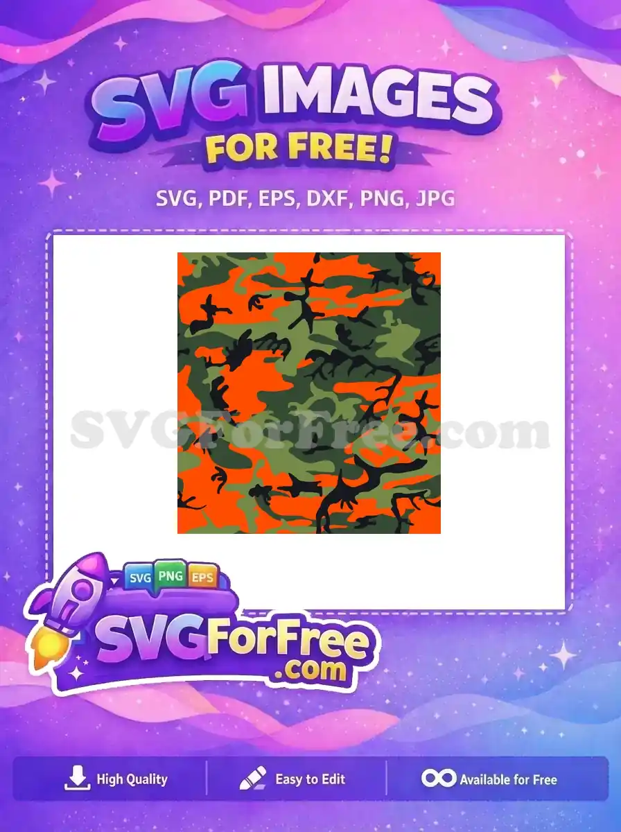 A vibrant free camouflage pattern featuring bold hunter orange, dark green, olive, and black shapes for diverse free design projects.