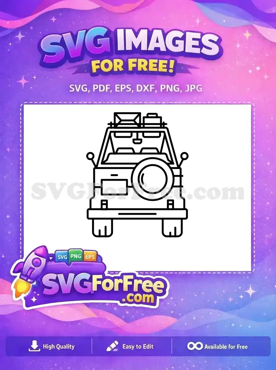 A free line art SVG icon of a front-facing off-road vehicle with a roof rack and spare tire. This free design is ideal for projects.