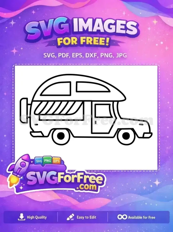 A charming free line art SVG of a camper van, featuring a distinctive roof and side awning, ideal for creative free designs.