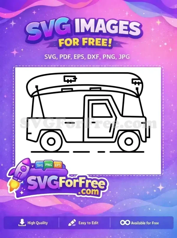 Free van and canoe design. A charming outline SVG of a retro van carrying a canoe on its roof, ideal for free creative projects.