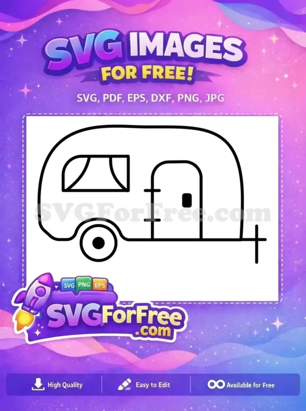 A free line art SVG of a retro camper trailer, featuring a window, door, and hitch, ideal for free creative use.