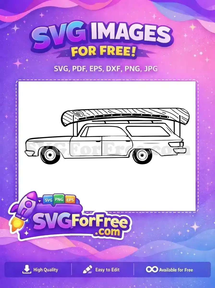 A free vintage station wagon car with a canoe on its roof, ideal for crafting and outdoor-themed projects. Get this free design now!
