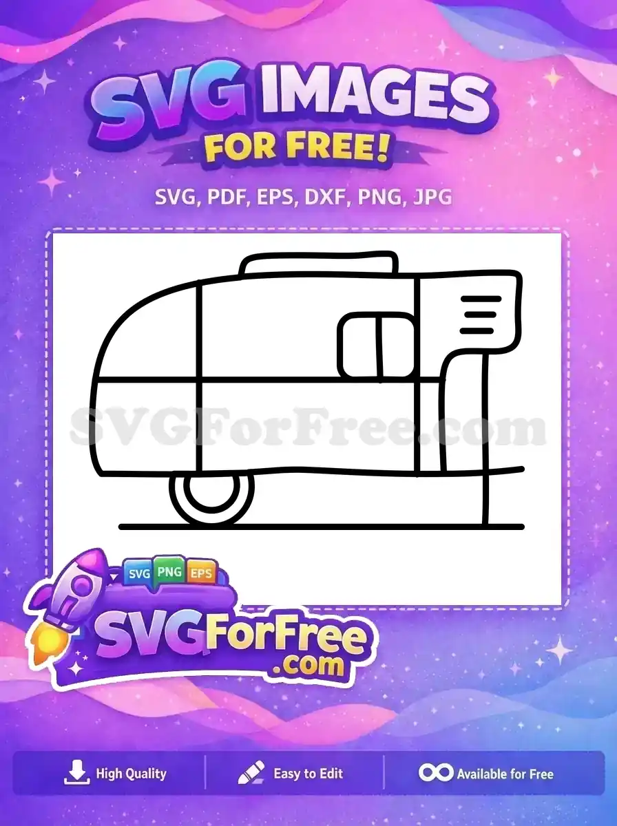 A free, minimalist line art SVG of a travel trailer or caravan, ideal for various design projects, completely free.
