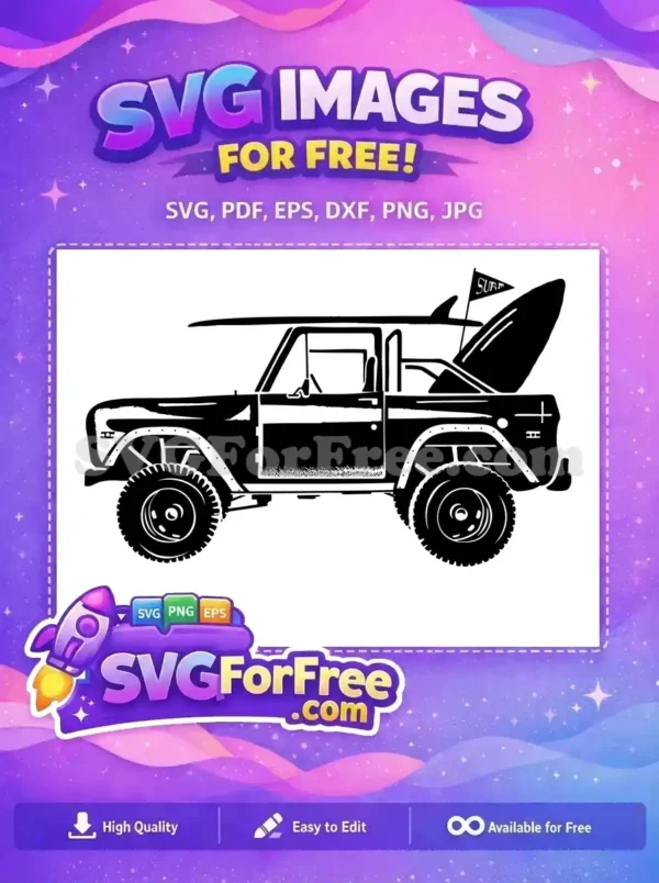 A free design showcasing a classic black and white surf truck with a surfboard on top, ready for adventure.