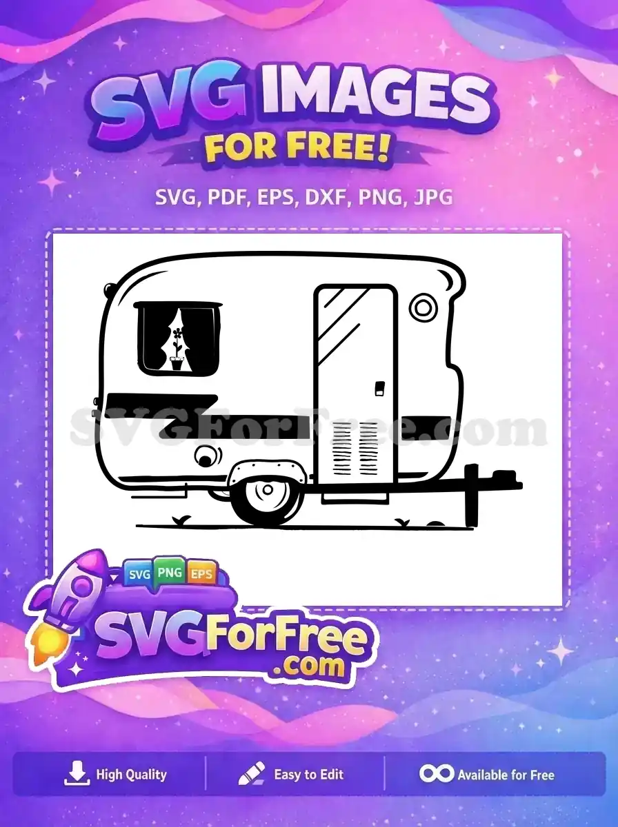 A charming free vintage camper trailer SVG design, featuring a potted flower in the window. Perfect free travel art.