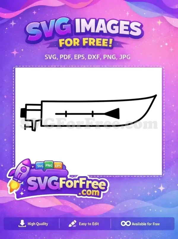 A free, simple outline SVG of a small boat with an outboard motor and an oar, perfect for nautical-themed free graphics. This free vector is ideal for various creative projects.