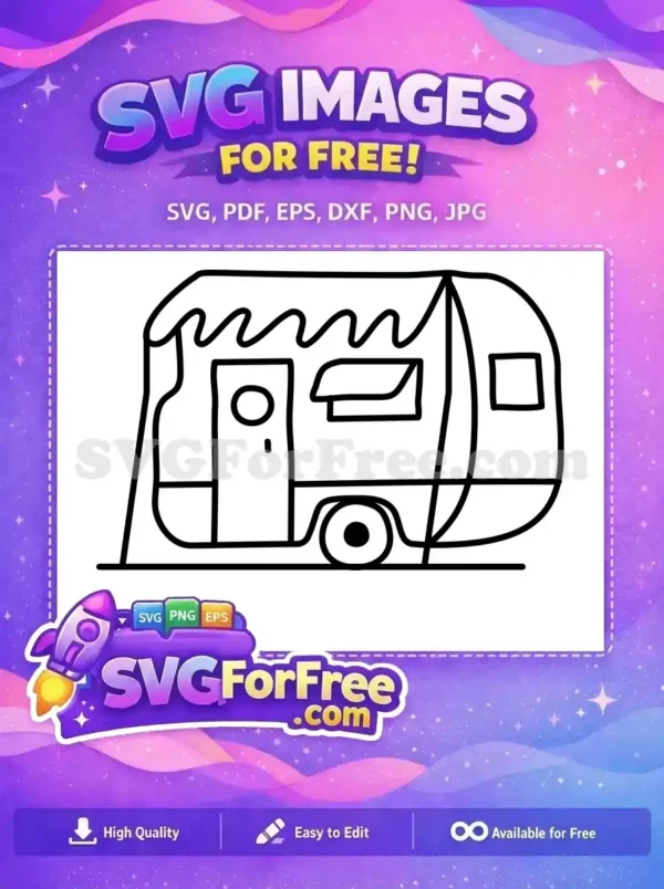 A delightful free SVG outline of a vintage-style caravan or camper, ideal for travel-themed crafts and designs.