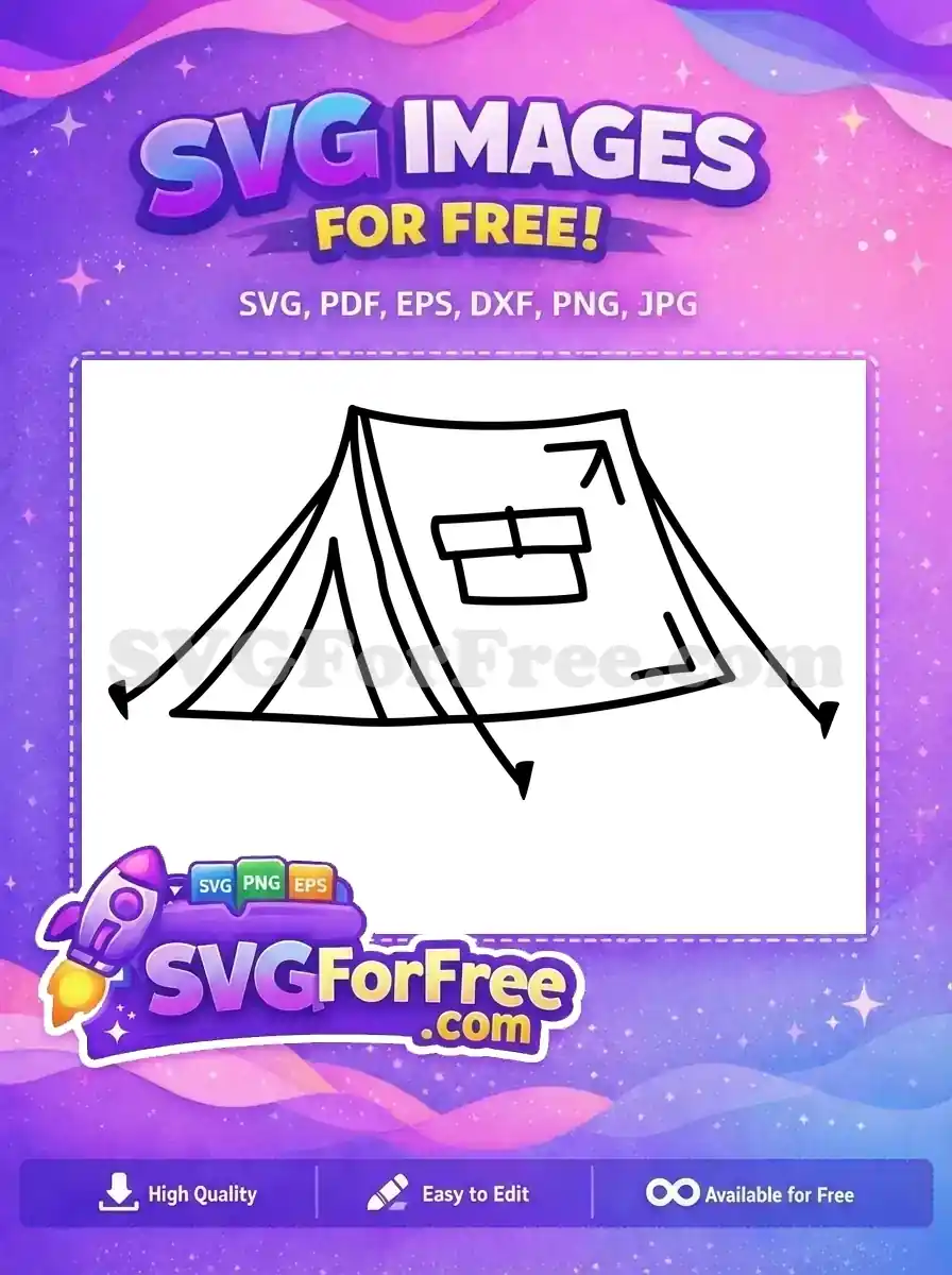 A free line art drawing of a classic camping tent with stakes and ropes, great for outdoor adventure designs. This free SVG is ready.