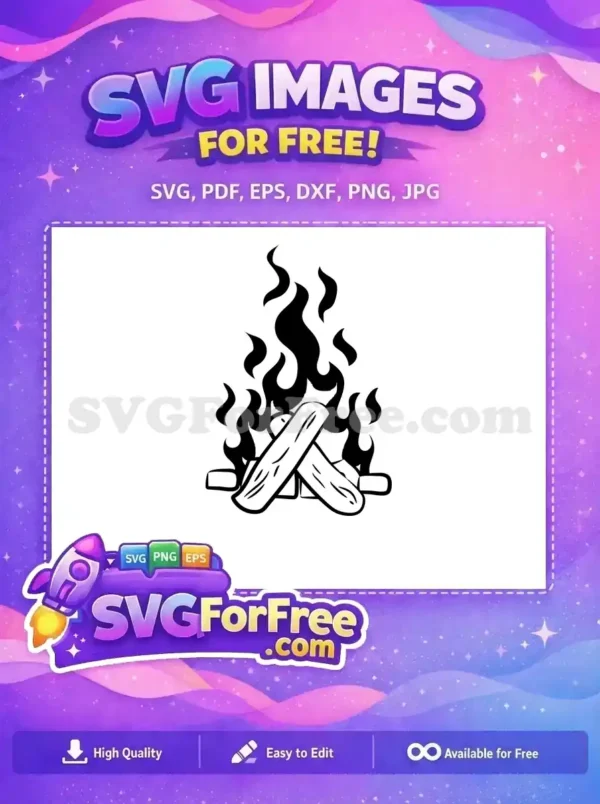 A free vector image of a stylized black campfire with logs and rising flames, ideal for outdoor themes. This free design is perfect for your projects.