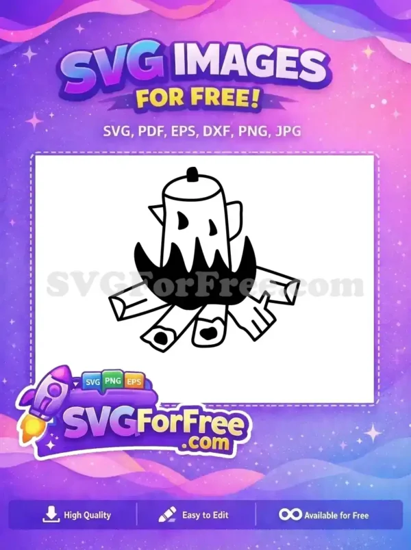 A free design featuring a rustic coffee pot brewing over a cozy campfire, with logs and flames. Perfect free outdoor SVG.