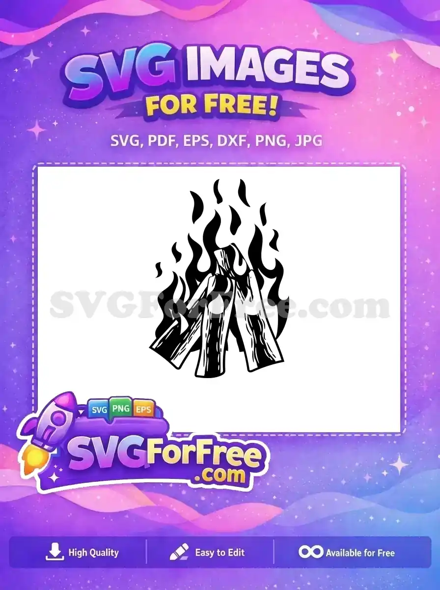 A striking free black and white vector of a campfire with stacked logs and vibrant flames, perfect for any project.