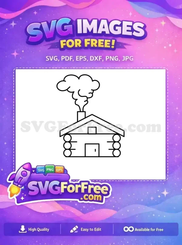 A free simple line art SVG of a cozy log cabin with smoke rising from the chimney, ideal for rustic free designs.