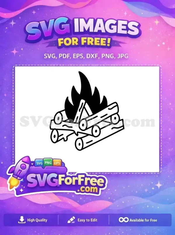Discover this free campfire SVG icon, featuring logs burning with stylized flames. A fantastic free design for any project.