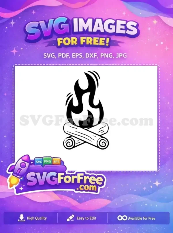 Free Campfire SVG Design – Cozy Outdoor Vector Art A free, stylized black and white campfire SVG, showing logs and bold flames. Ideal for camping and outdoor designs.