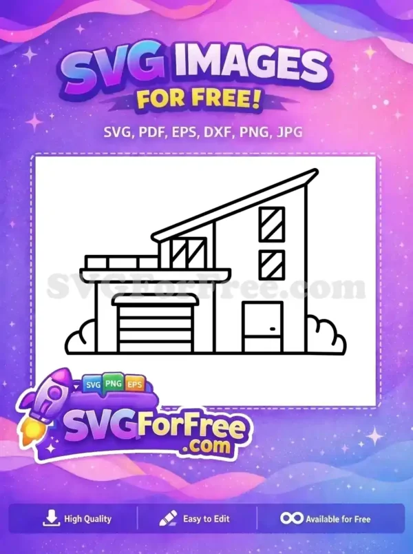 A free, minimalist line art SVG of a stylish modern house with a garage and sloped roof. Perfect free icon.