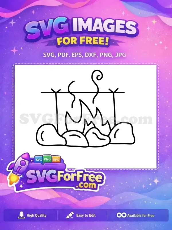 A free minimalist campfire icon with flames, smoke, a cooking rack, and rocks, ideal for your free outdoor design projects.