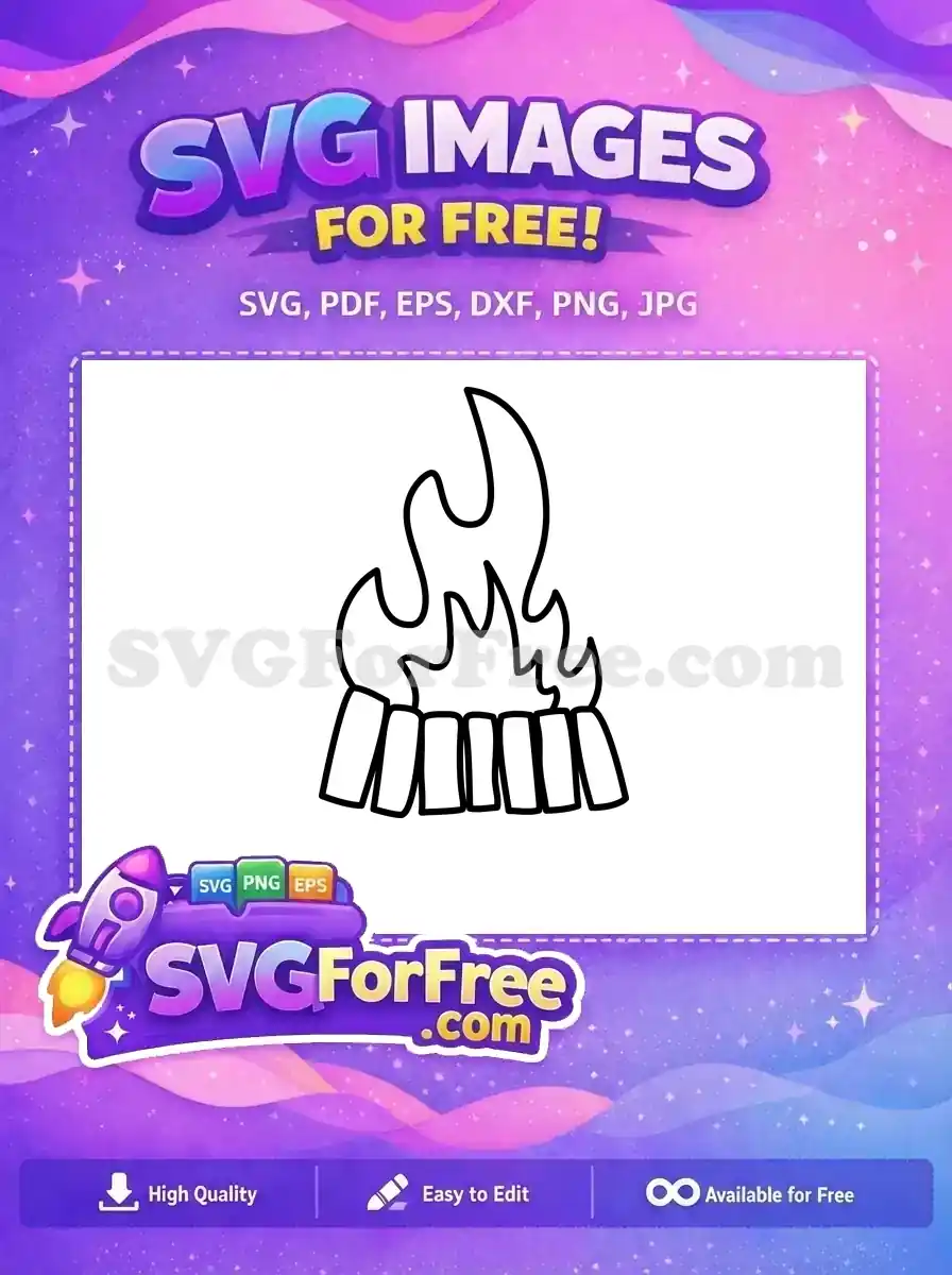 A free campfire SVG outline featuring stacked logs and stylized flames, ideal for crafts and digital designs. Get this free asset now!
