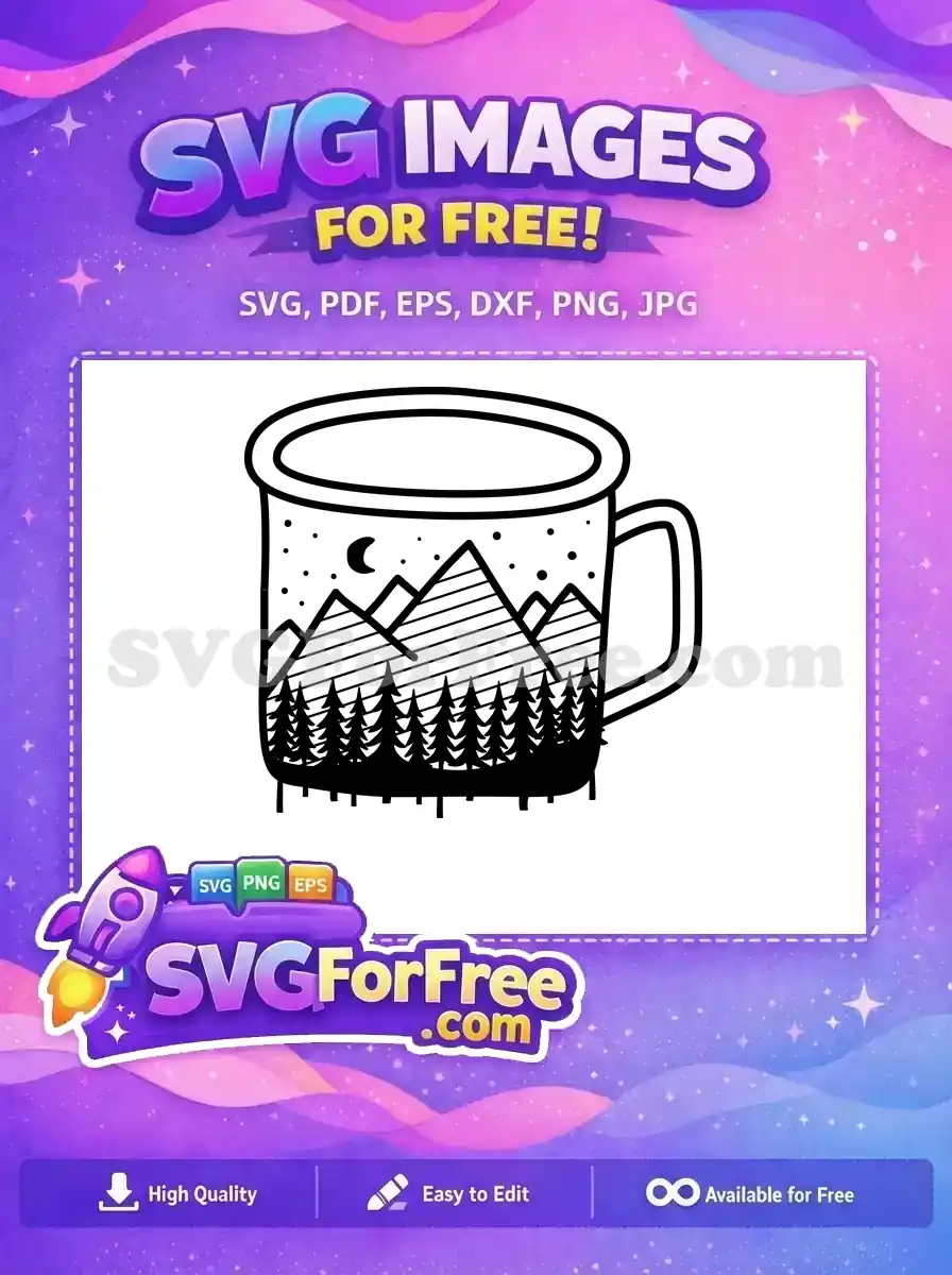 Free design featuring a stylish mug with a serene mountain and forest night scene inside. An inspiring free nature SVG.