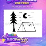 Free Black Outline Tent Free Crescent Moon Night Camping Scene Free SVG - Instant Download