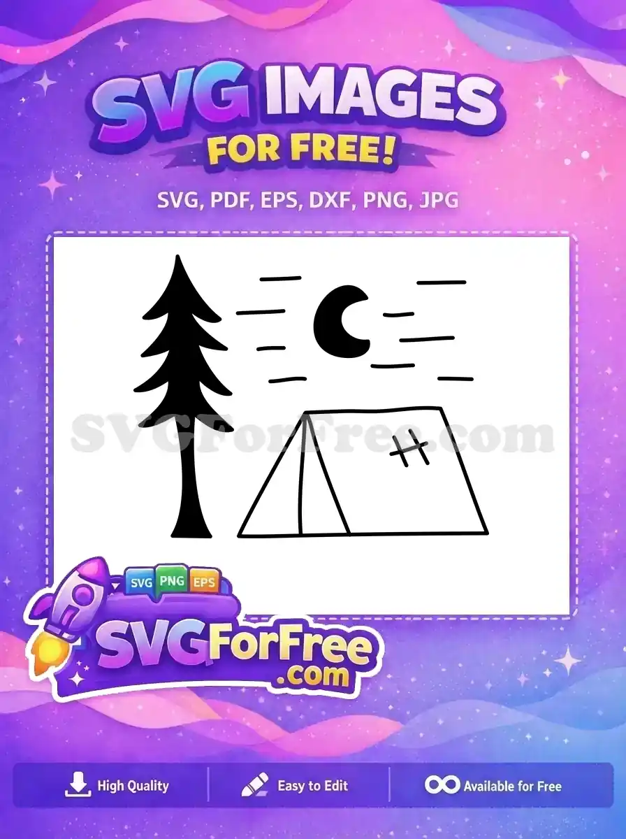 A free minimalist SVG showcasing a tranquil night camping scene with a pine tree, tent, and crescent moon, ideal for free creative projects.