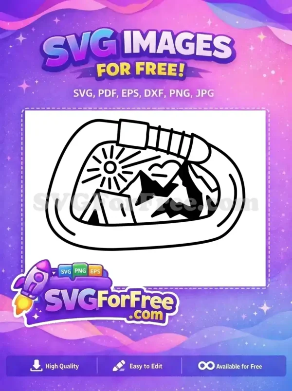 A free, versatile SVG design featuring a carabiner outline framing a sunny mountain and camping tent scene. Ideal for outdoor crafts.
