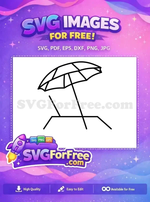 A free line art drawing of a beach umbrella shading a lounge chair, ideal for summer-themed projects. Download this complimentary design now!