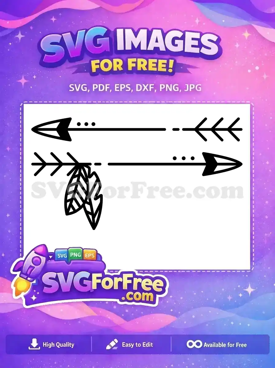 Free SVG tribal arrow design, pointing left, with simple fletching and decorative dots. Ideal for crafts.