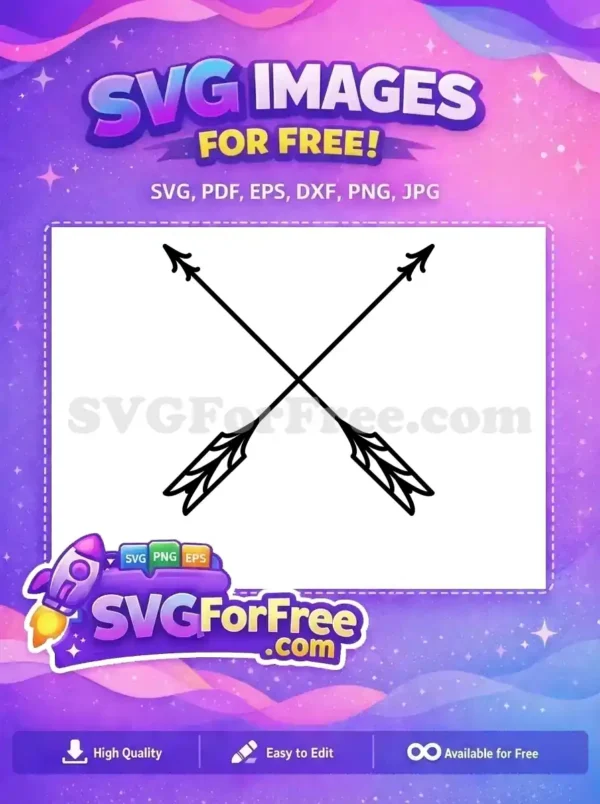 A free design of two elegantly crossed arrows, featuring ornate arrowheads and detailed fletching. Ideal for various projects.