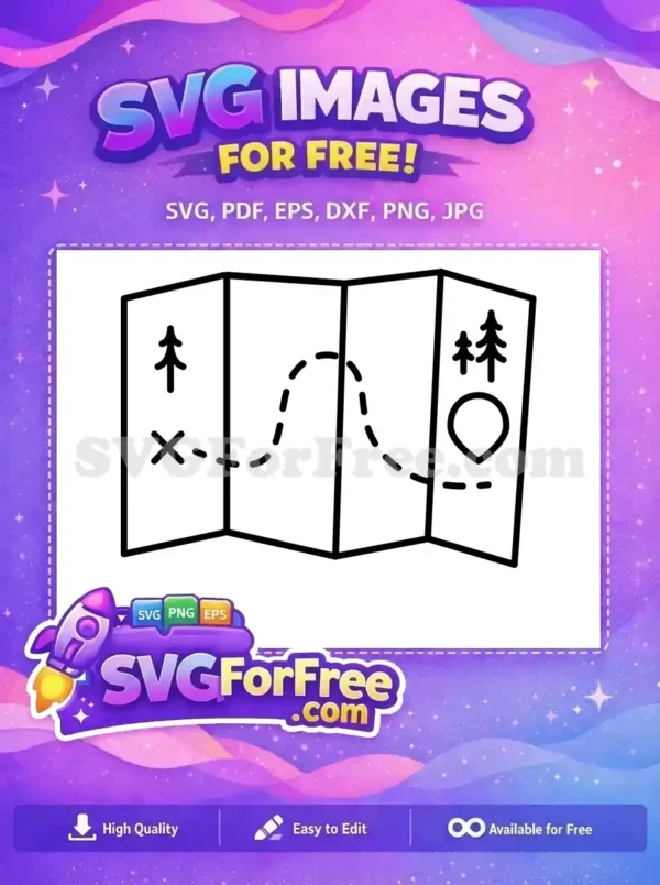 A free outline icon of a folded map showing a dashed path, trees, an 'X' mark, and a location pin. Perfect free design for navigation.